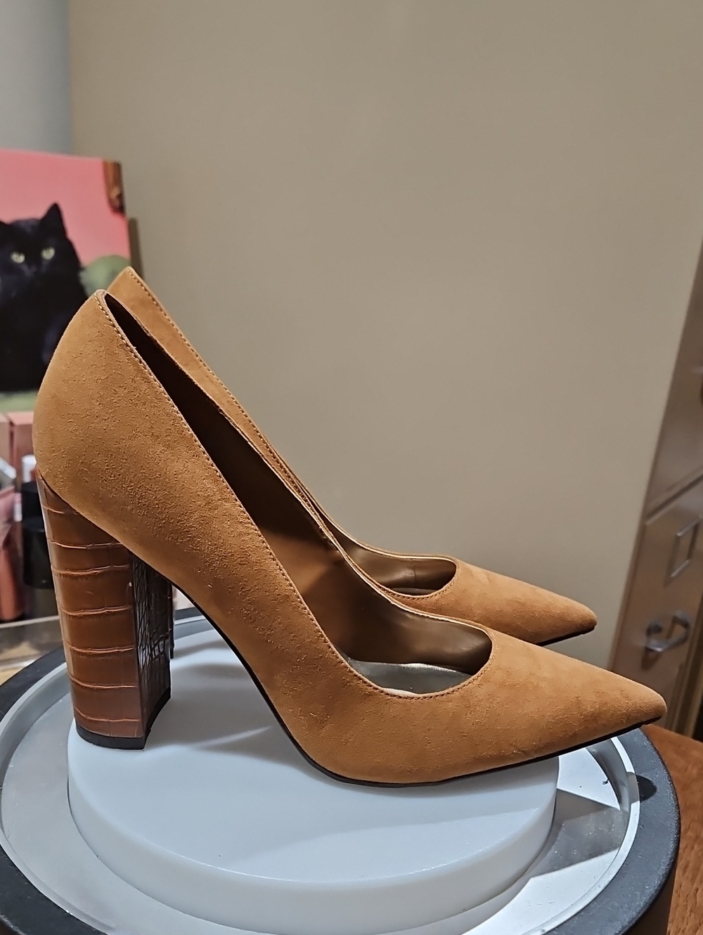 Nine West Tan Suede Pointed-Toe Block Heel Pumps